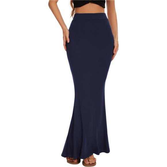 Women Elastic High Waist Stretchy Skirt Navy Blue - Picture 1 of 6